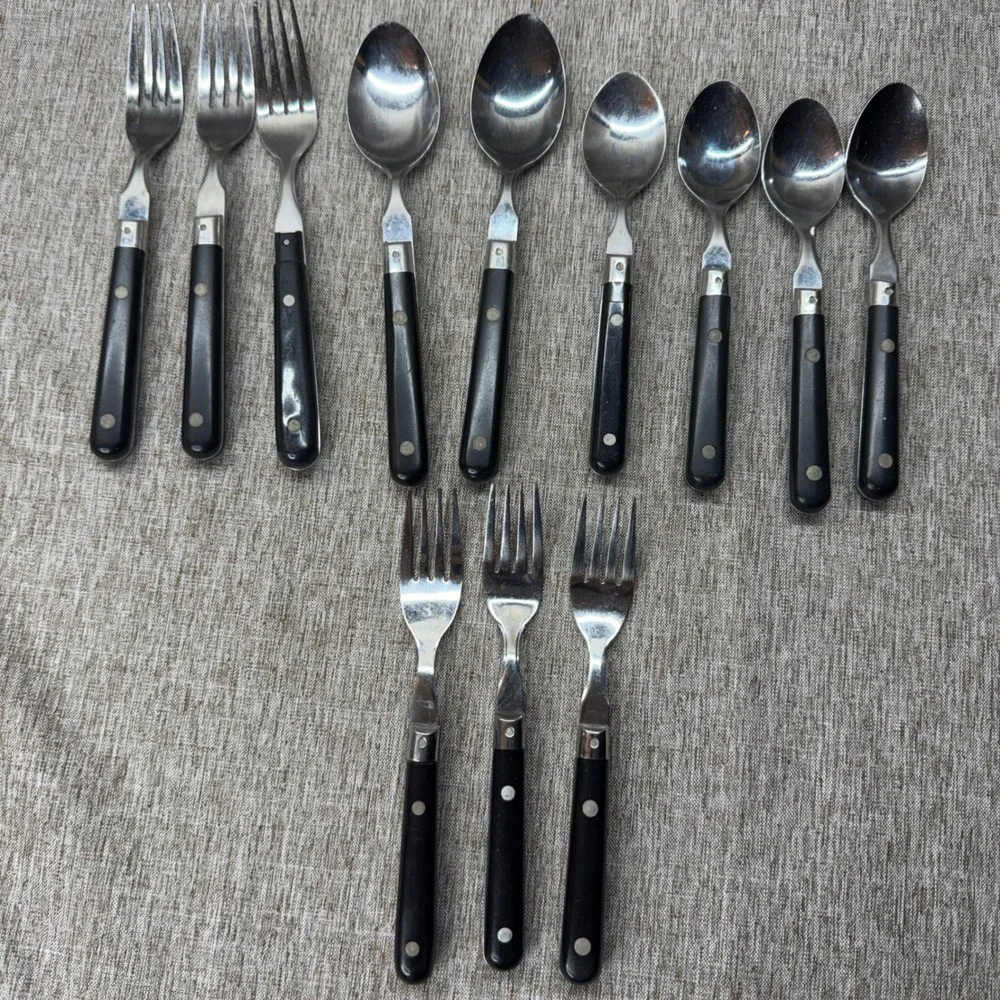 WF Mardi Gras Stainless‎ Flatware Set 12pc Black Riveted Handle Forks Spoons